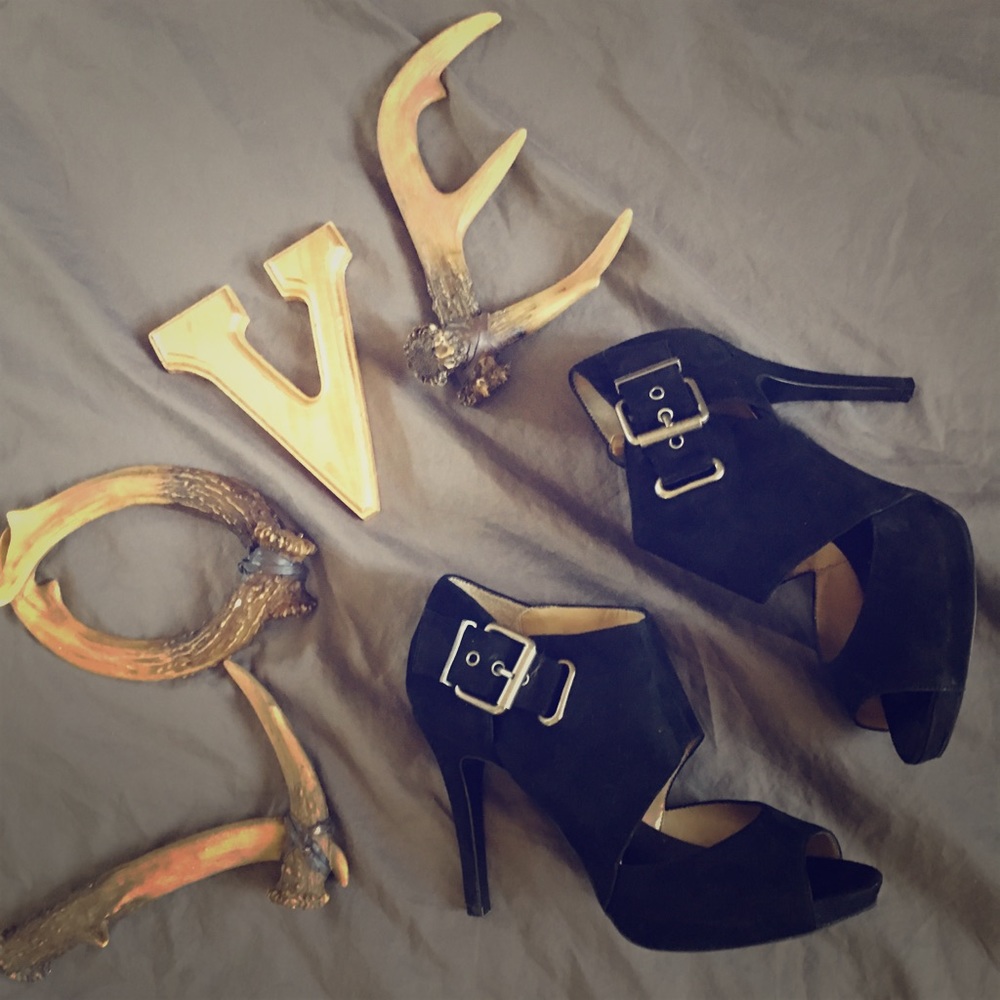 Nine West Black Suede Booties Silver buckle open